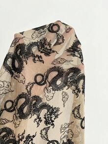 Elamini Women's Mandarin Collar Dragon Print Casual Versatile Daily Wear Cap Sleeve T-Shirt - Camel - View 7