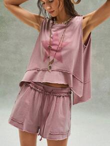 Bohemela 2件套 女士休闲纯色针织宽松背心和短裤 - 粉色 - 查看 6