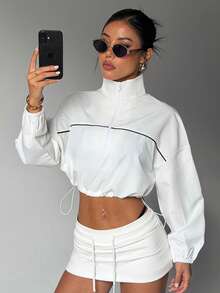 Dewbera Áo khoác nỉ nữ dáng rộng có khóa kéo, thích hợp cho mùa thu/đông, thiết kế phối màu trắng, tay dài, có dây rút ở gấu áo, phù hợp cho mặc thường ngày, chạy bộ, yoga, tập gym, tennis, golf. - trắng - Xem 4