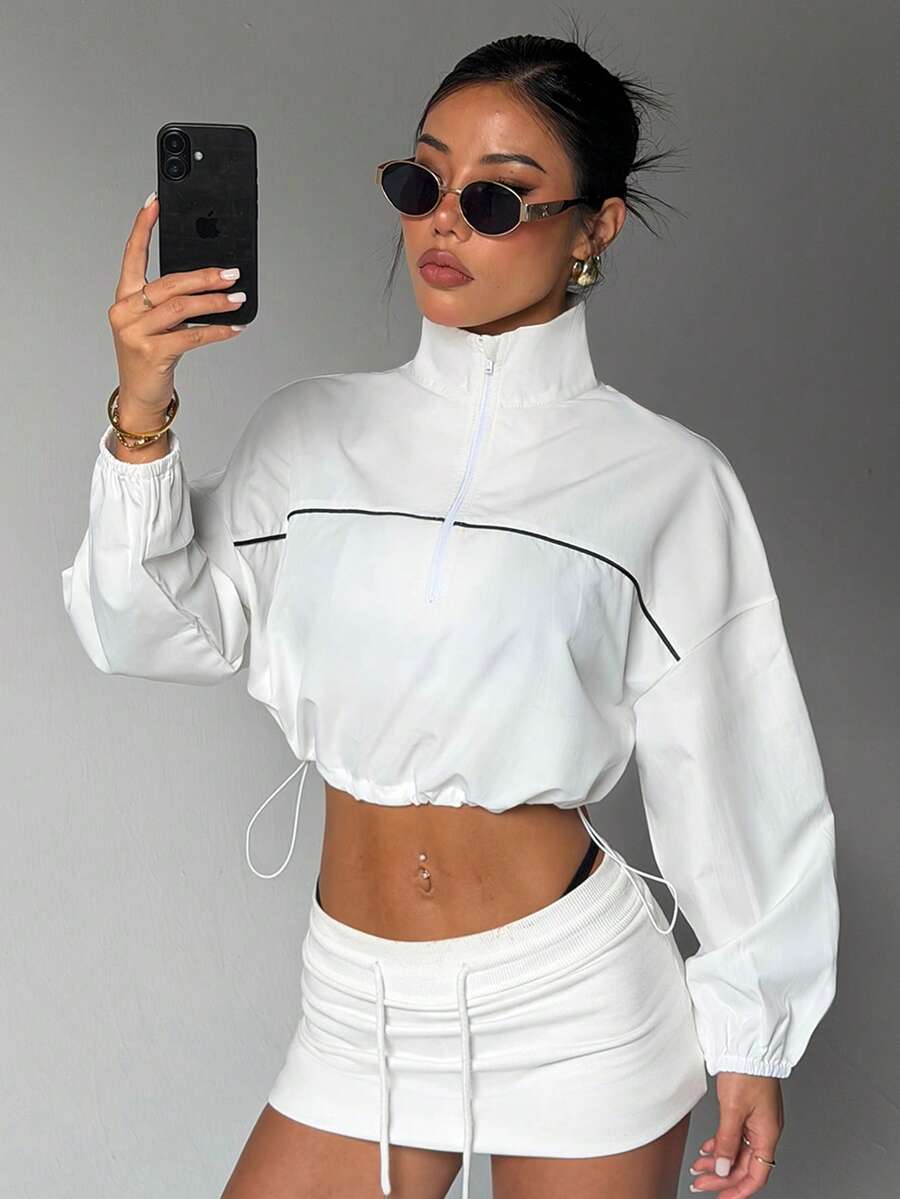 Dewbera Women's Loose Fit Zip-Up Sweatshirt For Autumn/Winter, White Color Block Design, Long Sleeve, Drawstring Hem, Suitable For Daily Casual Wear, Running, Yoga, Gym, Tennis, Golf - White - View 1