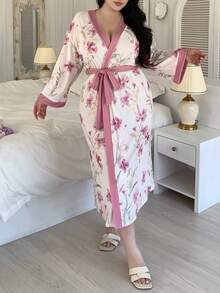 Dazy Plus Plus Size Women Floral Print Trim Tie Waist Loose Robe - Pink - View 5
