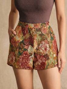 Anewsta Elegant Random Vintage Floral Vacation Countryside Style Cinched Waist Flattering Women's Shorts - Multicolor - View 4