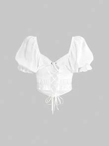 ROMWE Avant 优雅度假岛屿风系带腰身两件套泡泡袖女装 - 白色 - 查看 8