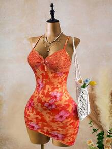 INAWLY Vacation Floral Patchwork Print Asymmetric Hem Bodycon Mini Cami Dress - Orange - View 3