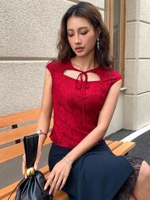 EastFlair Women's Elegant Lace Twist Collar Hollow-Cut Blouse, Summer - Red - View 2