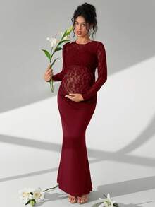 Cheriluna Maternity Vestido de fotografía de maternidad de unicolor con mangas largas de encaje, volantes largos y dobladillo de sirena - Burdeos - Ver 4