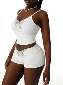 Amplova 2026新款蝴蝶装饰性感透视低胸吊带背心短裤套装，女士睡衣家居服 - 白色 - 查看 7