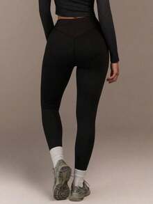 Menodora SHEIN Sport High Waist Tummy Control Women's Casual Solid Color Leggings, Squat-Proof Buttery Soft Fabric, For Yoga Running Gym - Black - View 4
