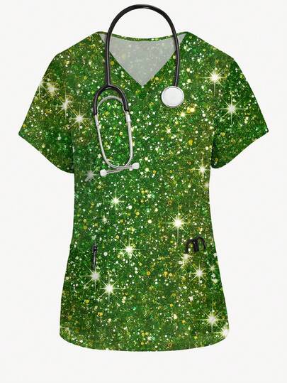 PopScrub Shiny Textured Print Women's Green Nurse Uniform Top, V-Neck Short Sleeve Scrub Top, Nursing Uniform, Suitable For Holidays And Daily Wear, Spring/Summer