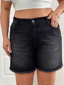 SHEIN Cottnline Plus Size Sommar Casual Tvättade Snittfickor Frayed Ned Denim Shorts - Mediumtvätt - Visa 3