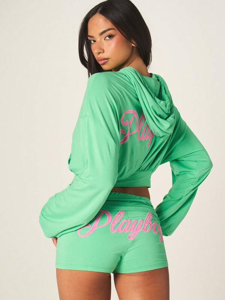 Missguided x Playboy Oversized Crop Zip Hoodie And High Rise Booty Shorts Two Piece Co-Ord Set With Pink Script Logo Green Loungewear Tracksuit