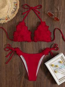 Swim Mod Bộ bikini buộc dây cổ màu trơn gợi cảm dành cho nữ, thích hợp cho mùa hè đi biển. - Đỏ - Xem 1