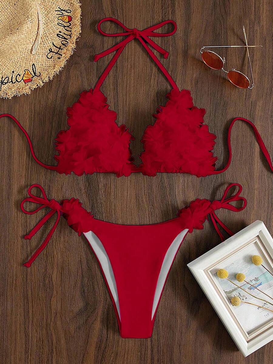 Swim Mod Bộ bikini buộc dây cổ màu trơn gợi cảm dành cho nữ, thích hợp cho mùa hè đi biển. - Đỏ - Xem 1