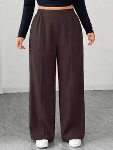 Plus Size Women Elastic Waist Solid Color Casual Loose Pants, Suitable For Commuting - Brown - View 1