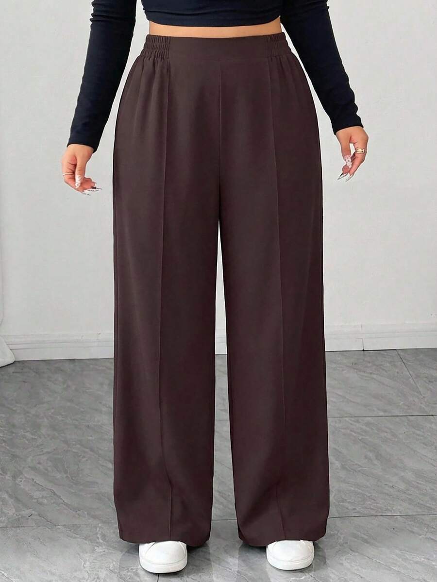 Plus Size Women Elastic Waist Solid Color Casual Loose Pants, Suitable For Commuting - Brown - View 1
