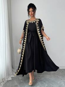 SHEIN Elenzya Women's Sleeveless Open Front Gold Lace Splice Cuff Long Cardigan & Fitted Maxi Dress 2-Piece Set, Elegant For Party - Black - View 8