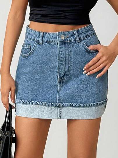 EURMUSE Women's Solid Color Minimalist Everyday Double Hem Denim Mini Skirt