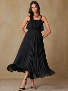 Femmeiva Black Summer Elegant Party Night Spaghetti Strap Pleated Maxi Dress,High-Waisted Chiffon Sleeveless Ruffle Hem Gown For Evening Gala,Dates&Gatherings - Black - View 5
