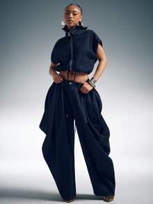 Denimoi High Neck Zip Front Denim Vest Fashionable Denim Tops Denim On Denim Cinched Waist Denim Top - Dark Wash - View 3