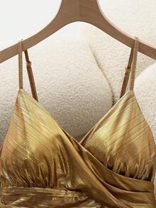 Franclia French Niche Spaghetti Strap Dress, Metal Series Slimming Dress - Gold - View 5