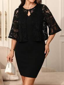 EMERY ROSE 2pcs Set Plus Size Women's Black Summer Elegant Floral Lace Jacket And Dress Set, Formal Evening Wedding Party Outfits, Casual Vacation 2 Pieces Set - Black - View 3
