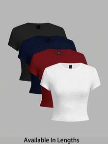 SHEIN Tall CURVE Setelan 4 Potong Ukuran Plus, Warna Polos, Model Crop, Leher Bulat, Lengan Pendek, Pas Badan, Cocok untuk Musim Panas - MultiWarna - View 8