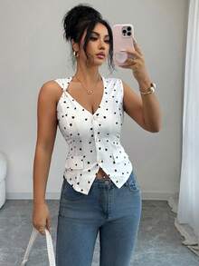 Selianne Women's Heart Print Single-Breasted Decorative Button Tank Top - White - View 7