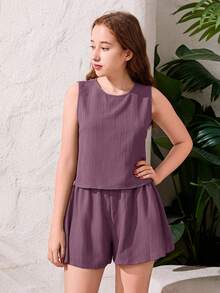 SHEIN Teen Girl's Casual Sleeveless Solid Light Purple Textured Fabric Set, Spring/Summer - Dusty Purple - View 6