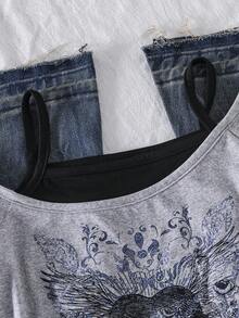 SHEIN ChillGRL 这款少女休闲二合一街头风T恤，印有字母标语和汽车图案，采用露肩短袖设计，适合夏季休闲活动、购物和拍照。 - 灰色 - 查看 6