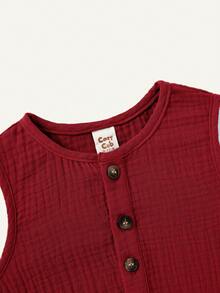 Cozy Pixies Baby Boy Solid Color Decorative Button Round Neck Sleeveless Romper Shorts,Kids - Red - View 3
