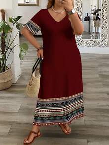 EMERY ROSE Gaun Maxi Lengan Pendek Leher V Kasual Ukuran Plus Motif Bunga Bohemian untuk Wanita, Cocok untuk Liburan Musim Semi/Panas dan Karnaval - MultiWarna - View 4