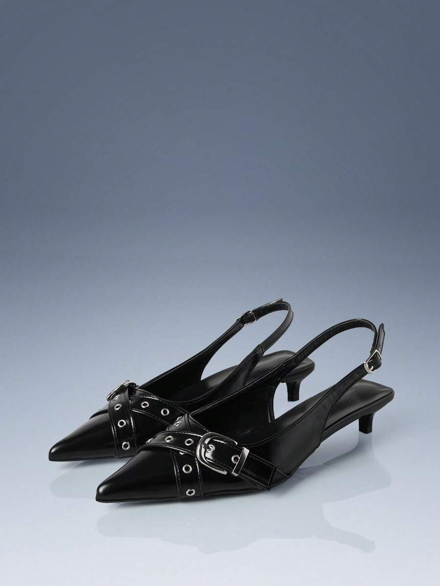 CUCCOO GRLICON 酒红色漆皮尖头交叉绑带设计空心小猫和女士高跟鞋 - 黑色 - 查看 1