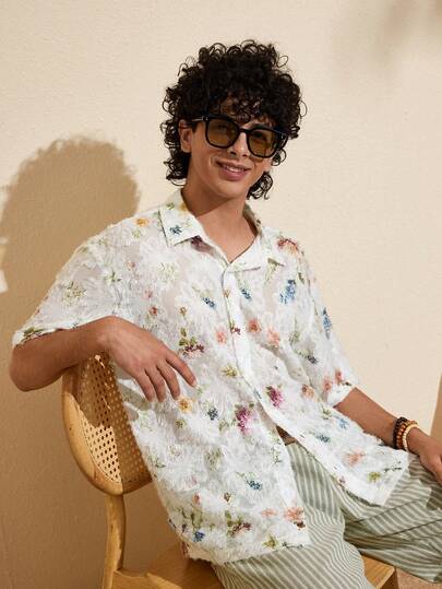 Felipe Marques 男士花卉镂空短袖宽松衬衫，休闲百搭，适合春、夏、秋季海岛度假、派对、海滩等场合。