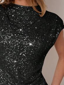 COSMINA Áo kiểu nữ màu trơn đính sequin tay ngắn ôm sát, thời trang, quyến rũ. - màu đen - Xem 7