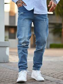 Devon Thys 男式紧身破洞牛仔裤，弹力休闲修身裤 - 藍色 - 查看 1