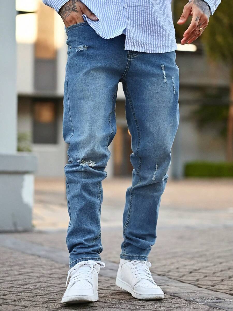 Devon Thys 男式紧身破洞牛仔裤，弹力休闲修身裤 - 藍色 - 查看 1