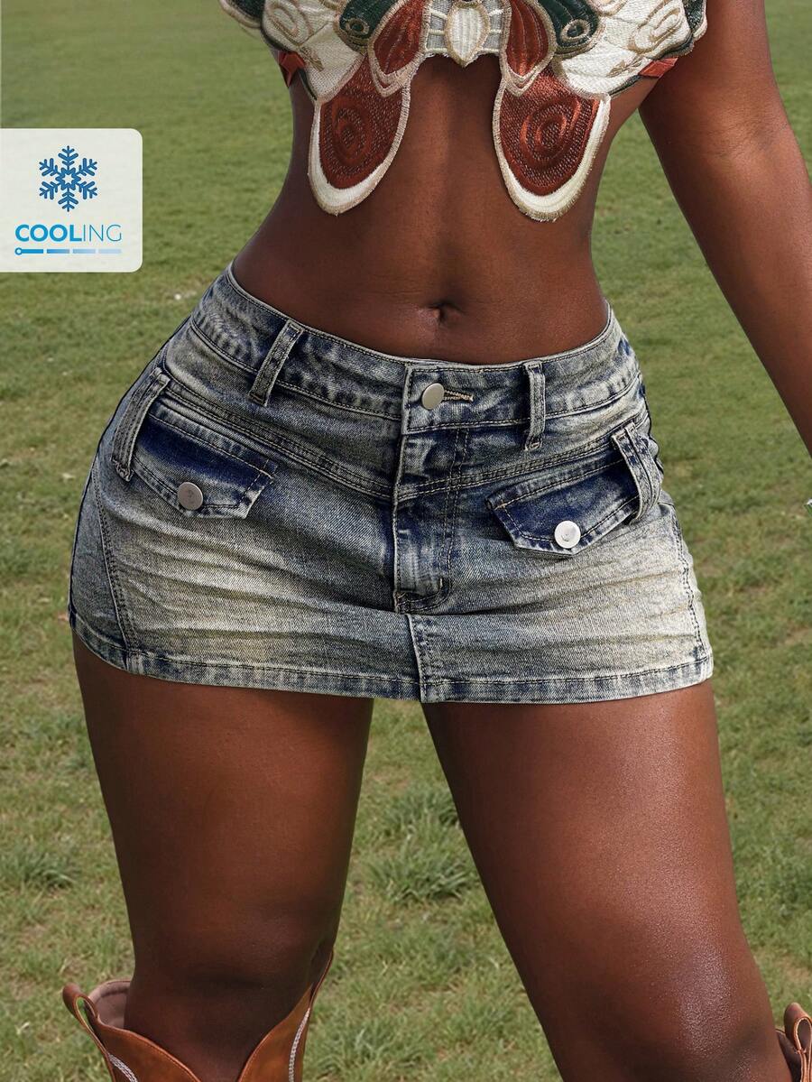 SHEIN SXY 女士休闲百搭短款牛仔 A 字迷你裙 - 藍色 - 查看 1