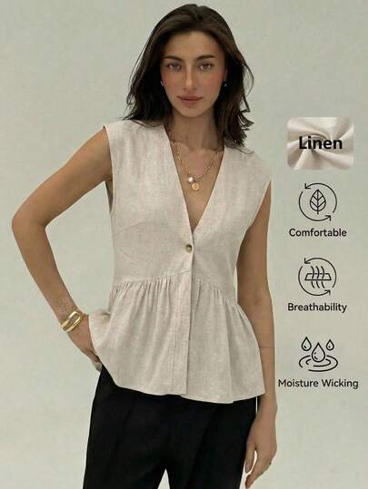 Aloruh 女士春夏新款亚麻西装外套，深V领设计，优雅休闲女士西装背心