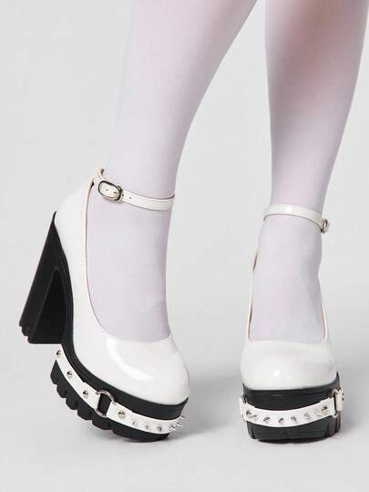 Sugerpunk Tacones altos de plataforma de cuero patentado estilo gótico para mujeres, con remaches metálicos de estilo punk y adornos de hebilla cuadrada, zapatos sexy para mujeres para discotecas, fiestas y días festivos.