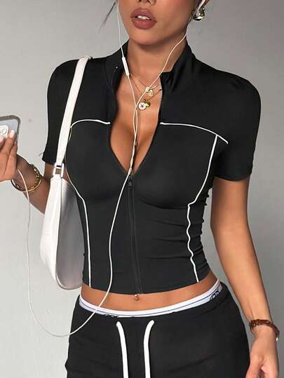 Dewbera Women's Black Tight-Fitting Stand Collar Short Sleeve Sports Jacket With Contrast Tape Panels, Suitable For Daily Casual Wear, Running, Yoga, Gym, Tennis, Golf, Spring/Summer/Autumn