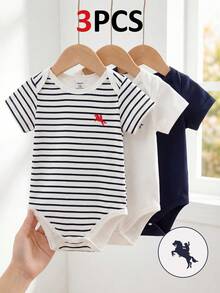SHEIN 3件套时尚基础款短袖连体衣，适合男婴、婴幼儿日常休闲穿着，Polo小马印花圆领柔软针织面料，藏青色、白色、藏青色和白色条纹三件套连体衣，儿童服装，婴幼儿服装，婴幼儿连体衣，男婴连体衣，休闲简约，印花连体衣，适合春夏穿着，尺码3个月至24个月 - 彩色 - 查看 1