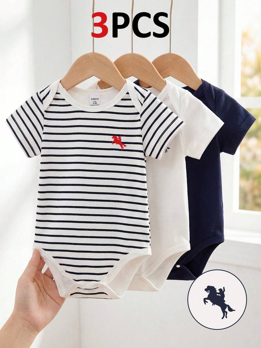 SHEIN 3件套时尚基础款短袖连体衣，适合男婴、婴幼儿日常休闲穿着，Polo小马印花圆领柔软针织面料，藏青色、白色、藏青色和白色条纹三件套连体衣，儿童服装，婴幼儿服装，婴幼儿连体衣，男婴连体衣，休闲简约，印花连体衣，适合春夏穿着，尺码3个月至24个月 - 彩色 - 查看 1