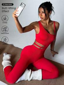 Dewbera Women Seamless Sleeveless Sexy Jumpsuit Pants - Red - View 1