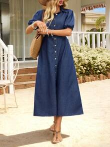 EMERY ROSE Women's Casual Front Button Denim Dress For Vacation - Dark Wash - View 6