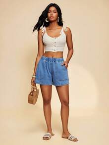 Travachic 女士休闲弹力腰牛仔短裤，夏季 - 淺色水洗藍 - 查看 7