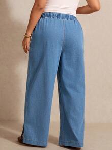 Elaquor 大码休闲水洗宽松抽绳腰牛仔裤 - 淺色水洗藍 - 查看 3