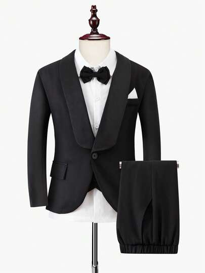 SHEIN Bộ vest lịch lãm 4 món dành cho bé trai tuổi teen, trang phục trang trọng cao cấp, thanh lịch, phù hợp cho tiệc tùng, kinh doanh, đám cưới, biểu diễn sân khấu, dẫn chương trình - Bao gồm áo blazer dài tay, áo vest, áo sơ mi trắng dài tay và quần ống đứng.