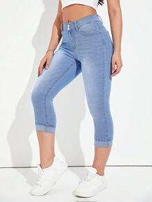 SHEIN Essnce Quần Jeans Denim Ôm Vừa Vặn, Túi Rách Nhẹ Thường Ngày Cho Nữ, Mùa Hè - Rửa nhẹ - Xem 6