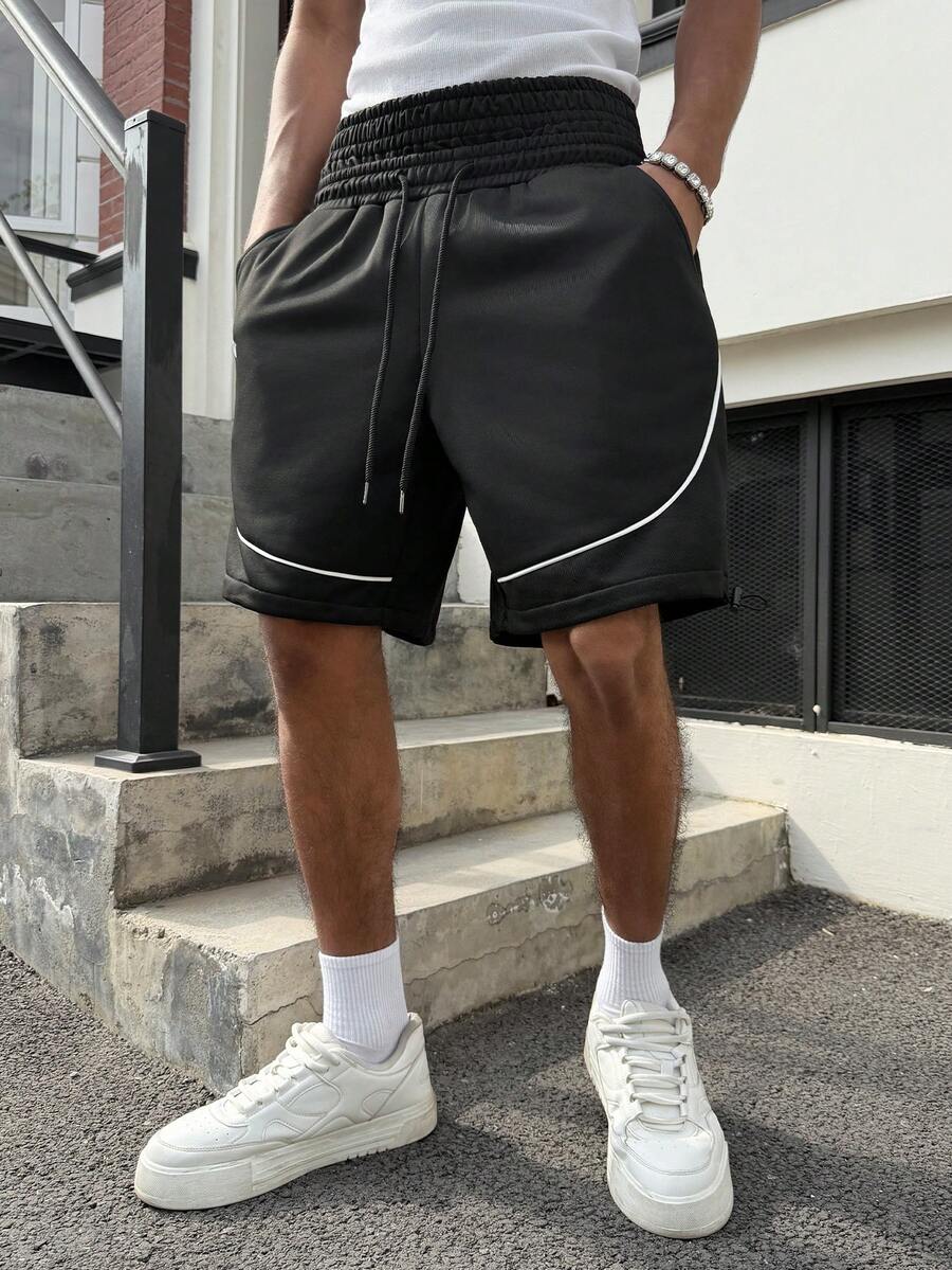 PAVTROS Young, Casual, Double Waistband, White Side Stripe, Printed Design Shorts - Black - View 1