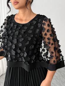 Elenzga 大码女士优雅3D立体花卉网纱褶皱连衣裙 - 黑色 - 查看 5